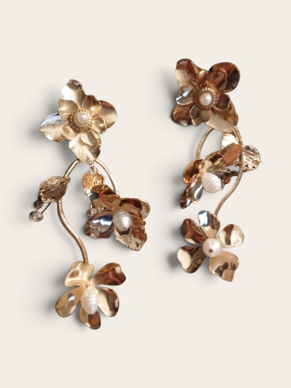 Gold Floral Pearl Drop Earrings - Women Jewelry